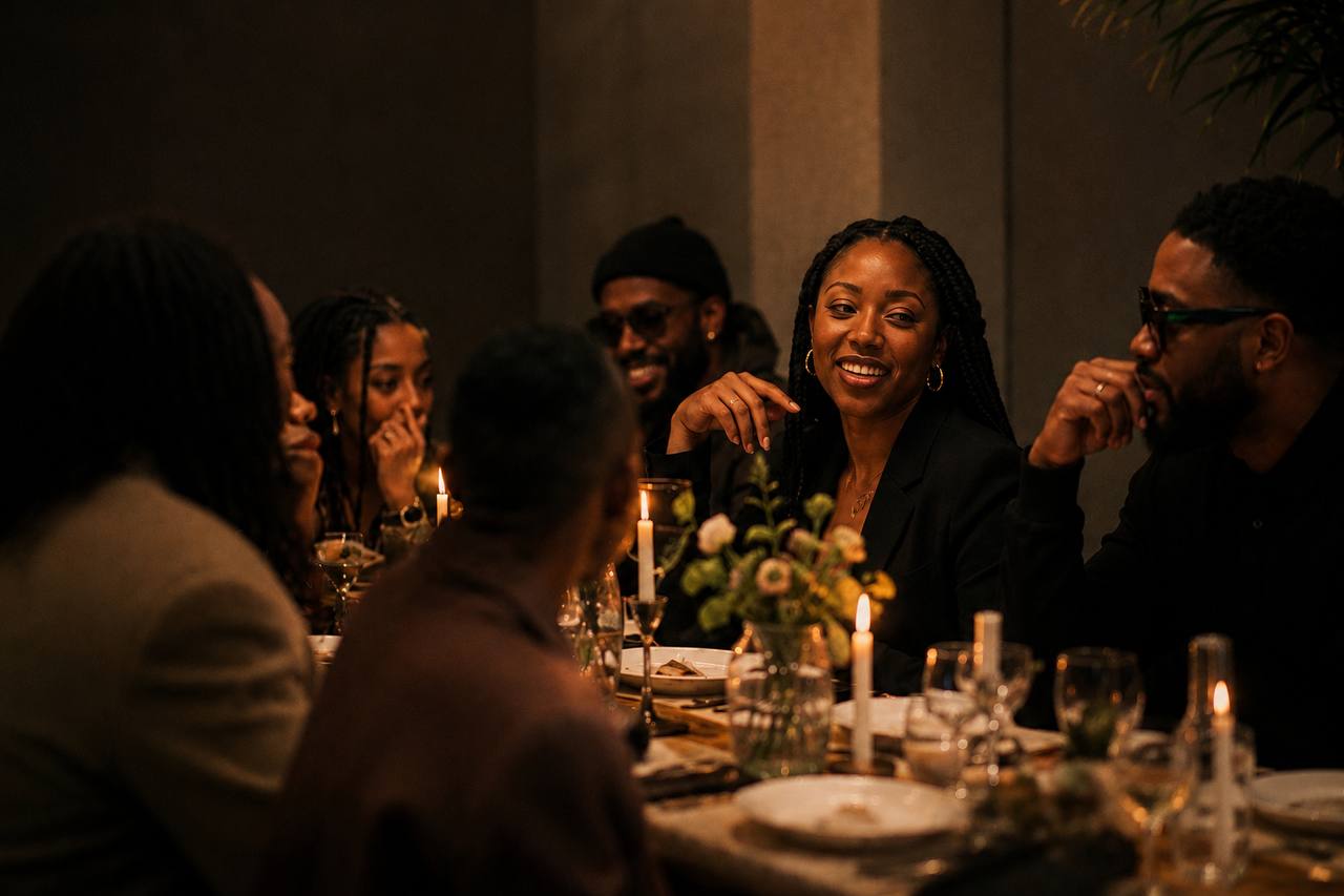 A candle-lit dinner table set for an intimate cultural gathering.